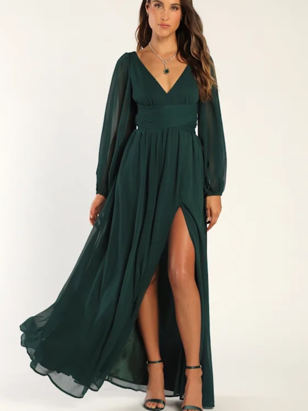 New Lulus Enchant My Love V-Neck Emerald Long Sleeve Maxi Dress Sz Large